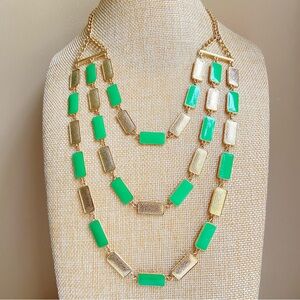 Goldtone metal green enamel lightweight multilayer rectangle segment necklace